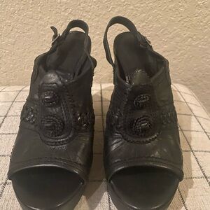 Frye Black Leather Braided Peep-Toe Slingback Mules